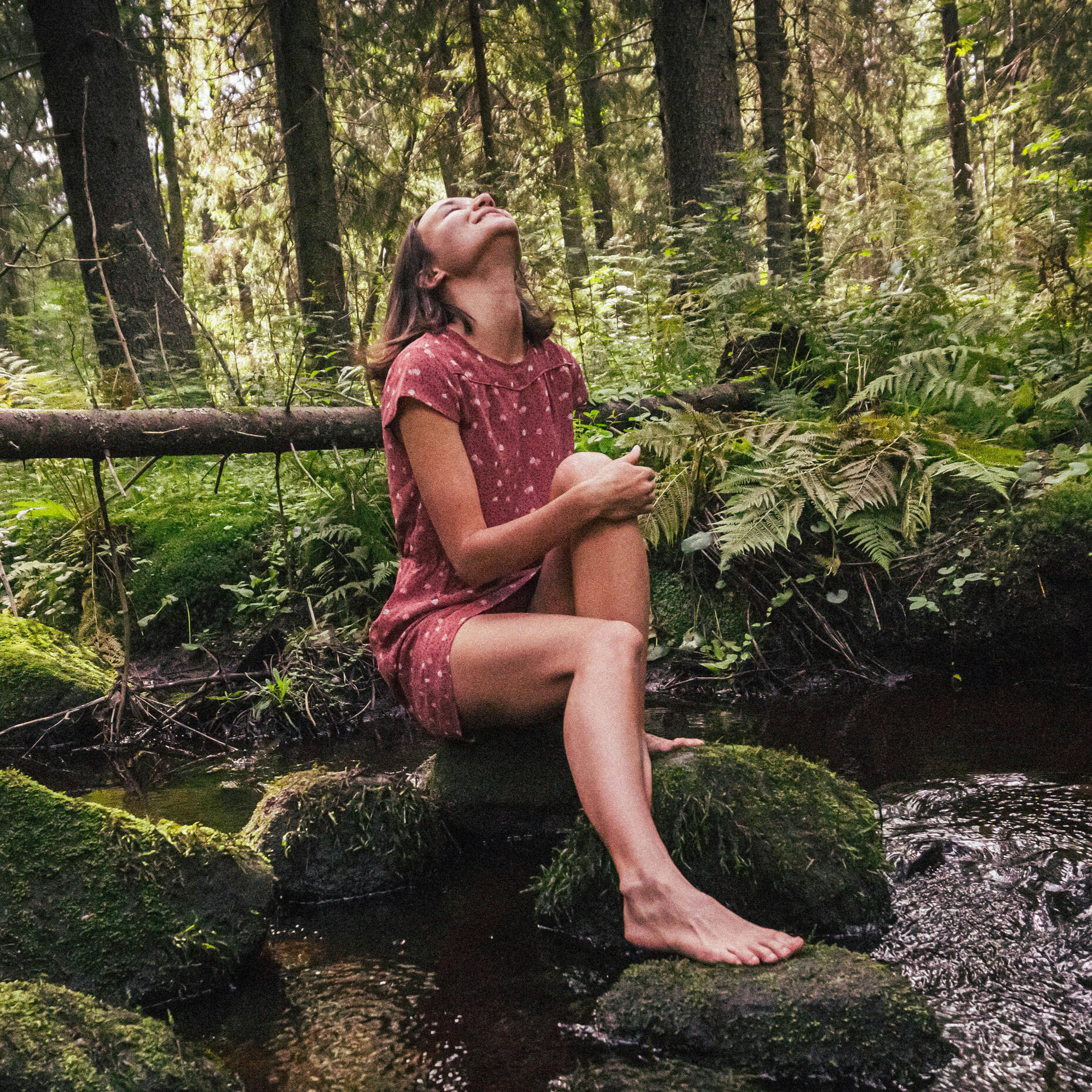 Person sitting on a mossy rock in the woods with eyes closed, representing reflection, inner connection and personal integration